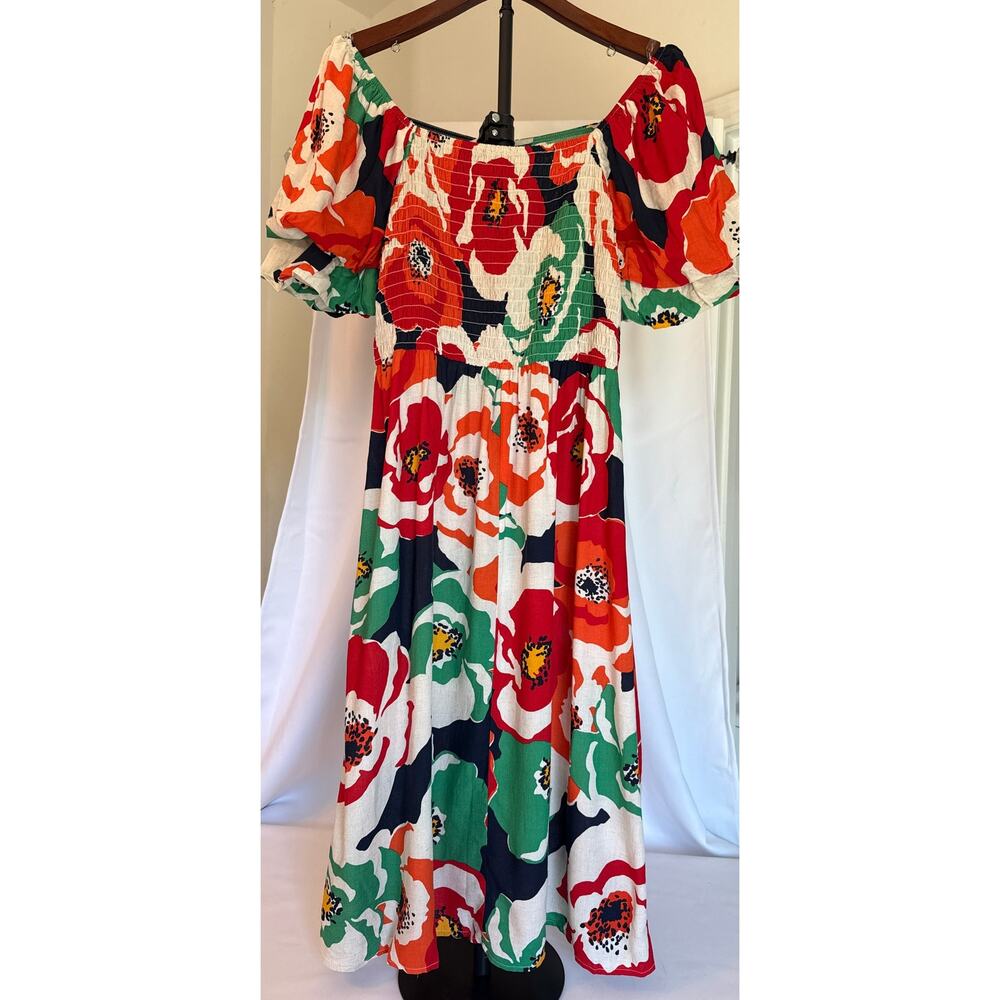 Vibrant Floral Midi Dress Size L NWT Puff Sleeve Linen Blend Summer Events Dress - Picture 3 of 9